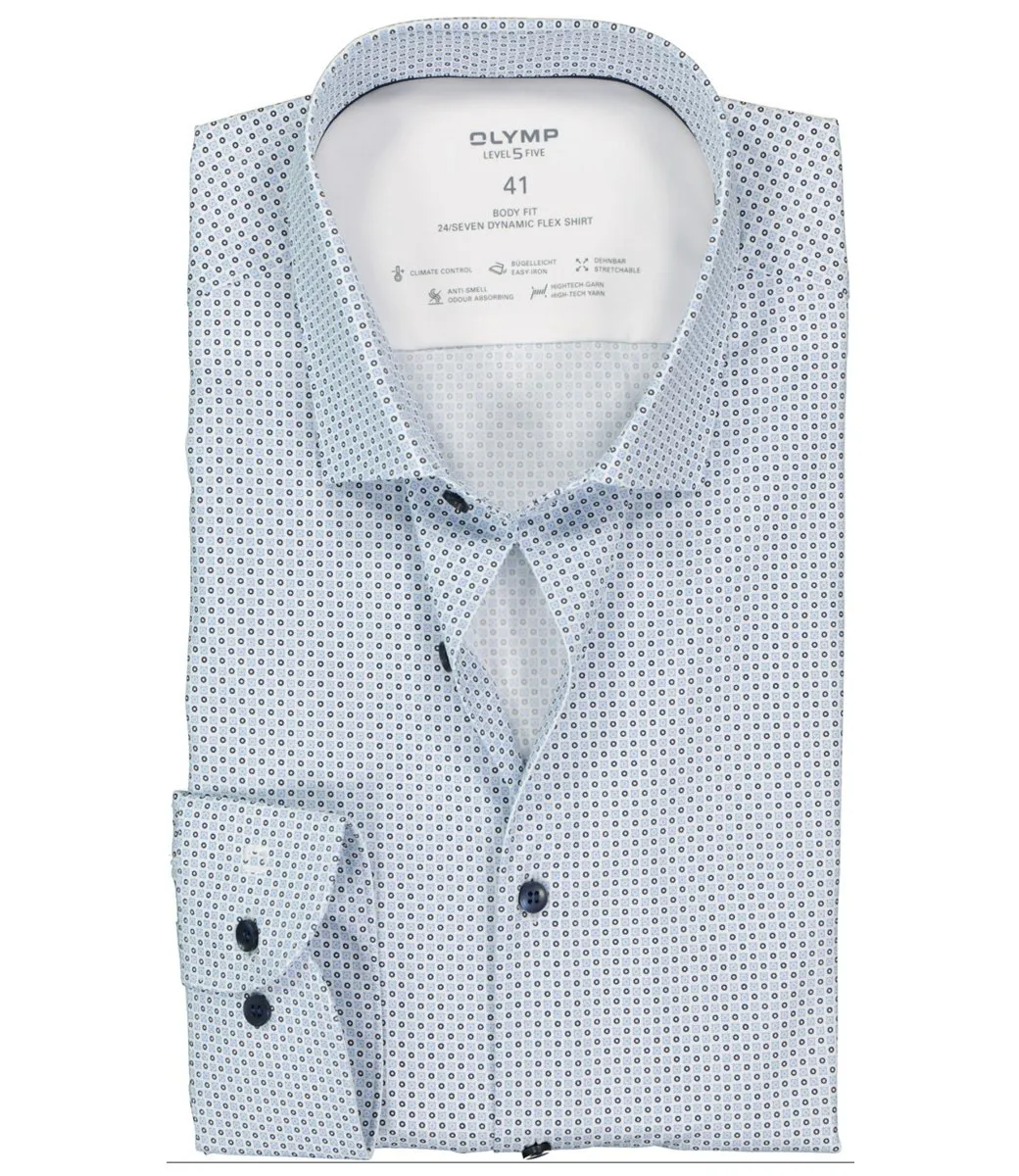 Baileys 2049 24 11  strijkvrij overhemd lichtblauw donkerblauw print stretch body fit