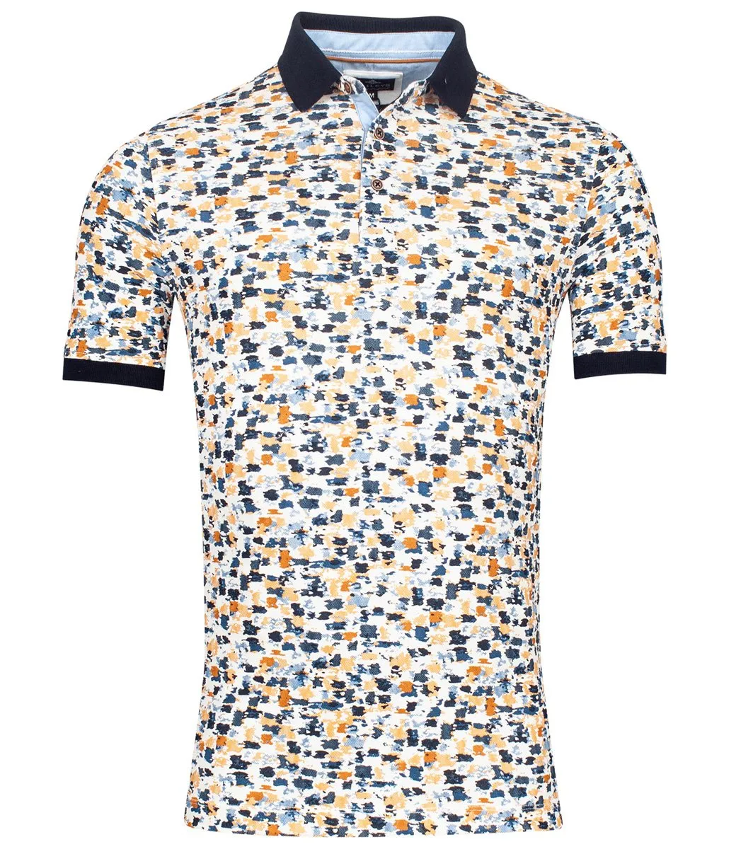 BAILEYS 21526630 HEREN POLO WIT MET GRAFISCHE PRINT BLAUW DONKERBLAUW GEEL OKERGEEL DONKERBLAUWE BOORD