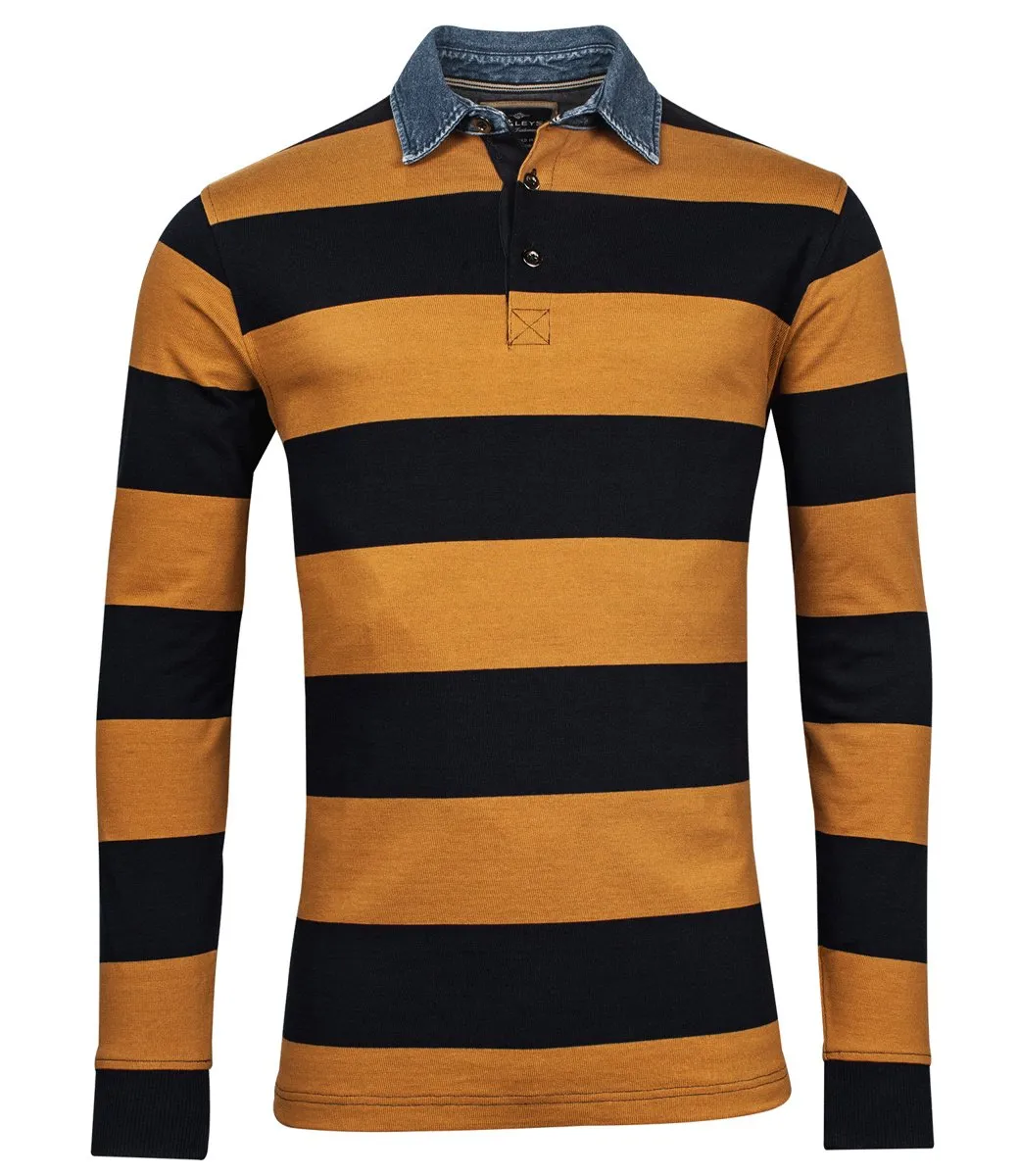 BAILEYS 223428107 HEREN SWEATER LANGE MOUW DONKERBLAUW OKERGEEL BREDE STREPEN MET JEANS BOORD