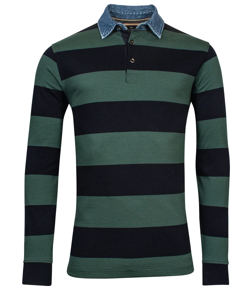 BAILEYS 223428177 HEREN SWEATER LANGE MOUW DONKERBLAUW GROEN BREDE STREPEN MET JEANS BOORD
