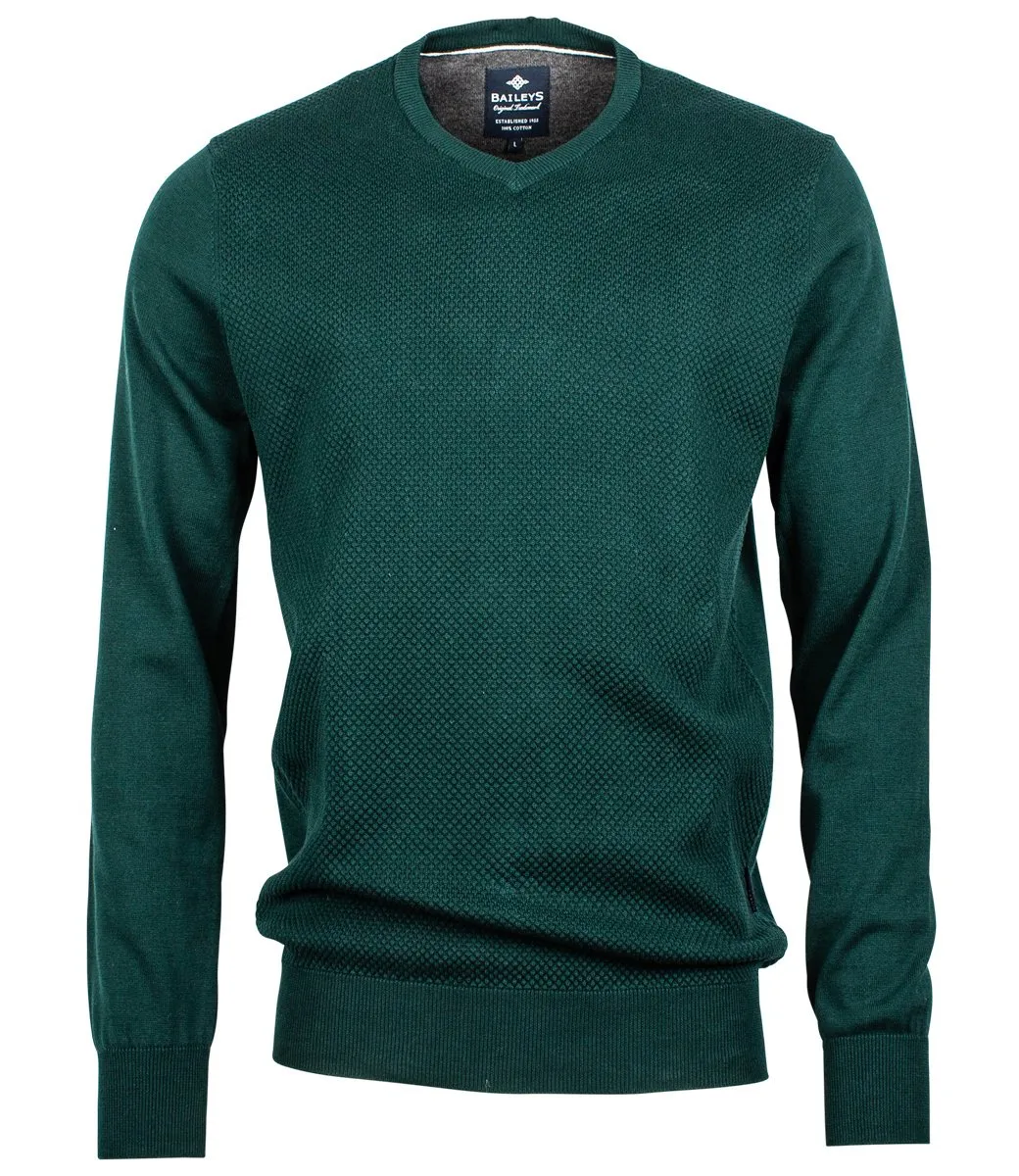 BAILEYS FLESSENGROEN KATOENEN VHALS HEREN TRUI MET STRUCTUUR 100 PROCENT KATOEN 12GG, STRUCTURE KNIT FRONT PANEL