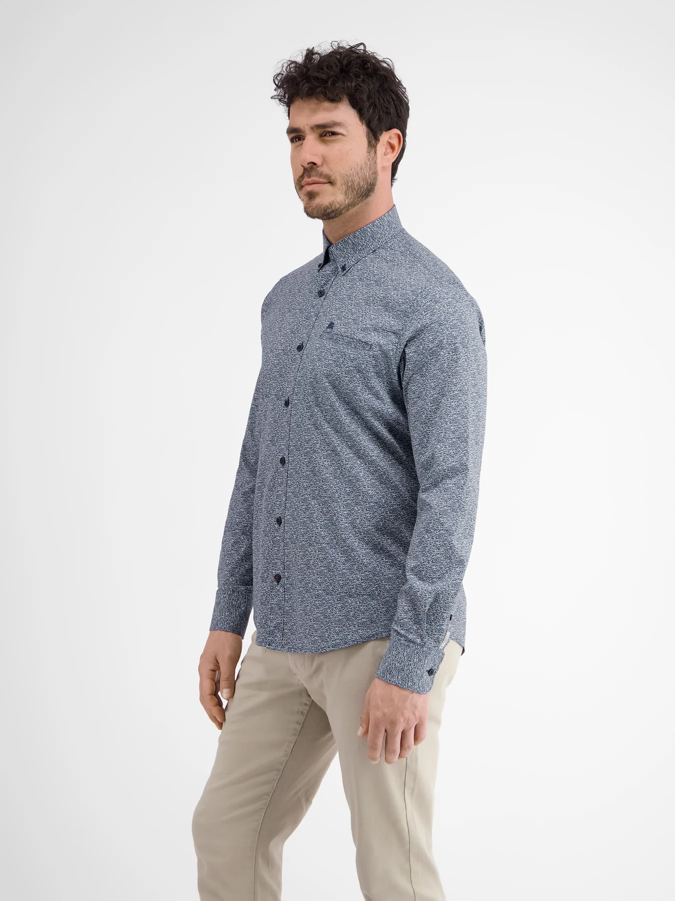 LERROS POPELINE PRINT OVERHEMD MET STRETCH  DEEP BLUE